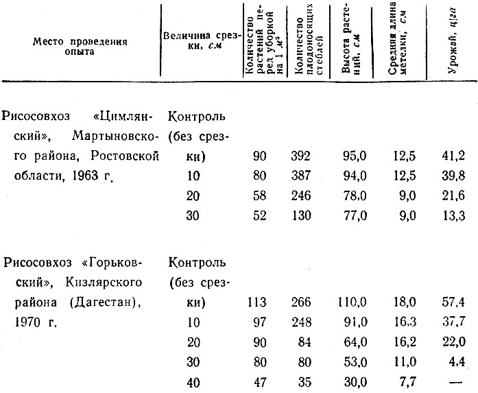 Таблица 3. Урожай риса при различной срезке почвогрунта (по данным З. Ф. Туляковой, Н. П. Куликовой)