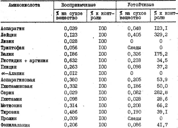 Таблица 22. Содержание аминокислот в корнях сортов томата, контрастных по устойчивости к галловой нематоде (1987-1980 гг.)