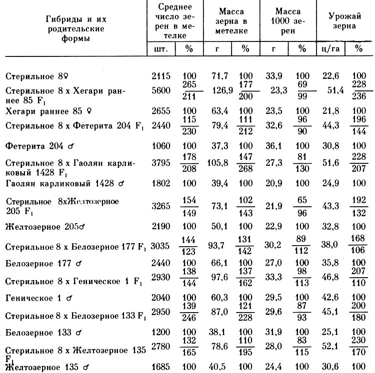 Таблица 28. Проявление гетерозиса по зерновой продуктивности у гибридов в сравнении с родительскими формами (1962-1964 гг.)
