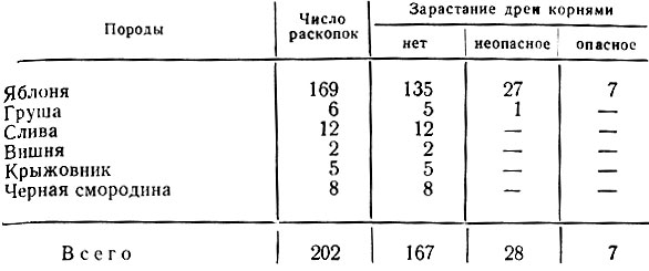 Таблица 11. Число зарастаний дрен корнями плодовых деревьев и кустарников