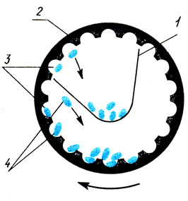 Рис. 115. Разделение семян в цилиндрическом триере: 1 - лоток; 2 - цилиндр (барабан) с ячейками; 3 - короткие частицы; 4 - длинные частицы