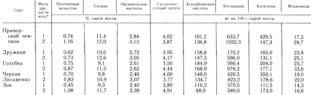 Таблица 8. Химический состав ягод черной смородины в условиях лесостепи Новосибирской области (по А. И. Широченковой, 1984)