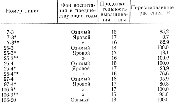 Таблица 6. Характеристика двуручек, воспитывавшихся разное число лет на озимом и яровом фонах, при осеннем посеве (1960 г.)