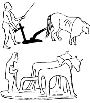 Вспашка поля в Древней Греции (рисунок на вазе), ниже - статуэтка