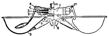 Рис 3. Съёмная автопоилка с упрощённым клапаном: 1 - тройник (кронштейн) с лапами для крепления чашек: 2 -' тарельчатый рычаг; 3 - чашка; 4 - корпус клапана; 5 - стержень клапана; 6 - резиновая трубка; 7 - шпилька (ось шарнира) тарельчатого рычага; 8 - собачка для закрепления чашки на кронштейне; 9- шпилька собачки