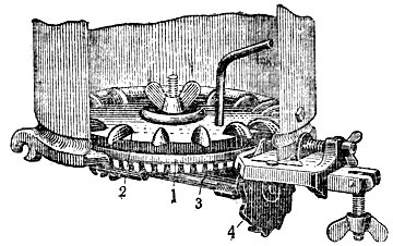 Рис. 2. Дисковый высевающий аппарат, приспособленный для высева семян хлопчатника: 1 - нижний диск; 2 - паучок; 3 - коническая зубчатка; 4 - вертикальный диск