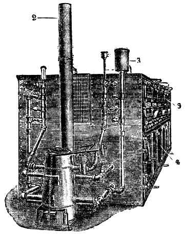 Рис. 3. Общий вид инкубатора ГШУ-5: 1 - отопитель; 2 - дымовая труба; 3 - расширительный бачок; 4 - инкубационные шкафы; 5 - выводные секции