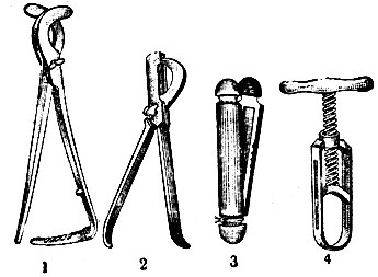 Рис. 1. 1 - щипцы кастрационные; 2 - эмаскулятор; 3 - лещётка прямая; 4 - кастрационный винт для сжатия лещеток