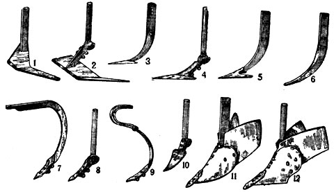 Рис. 1. Рабочие органы культиваторов: 1 - 2 - односторонние плоскорезные лапы; 3 - 4 - стрельчатые плоскорезные лапы; 5 - универсальная лапа; 6 - рыхлительная долотообразная лапа; 7 - 8 - рыхлительные оборотные лапы с жёсткими стойками; 9 - рыхлительная оборотная лапа с пружинной стойкой; 10 - копьевидная лапа с универсальной стойкой; 11 - корпус окучивающий; 12 - корпус бороздорежущий
