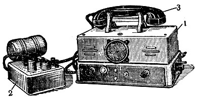 Радиостанция 'Урожай': 1 - приёмопередатчик; 2 - блок питания (умформер); 3 - микротелефонная трубка