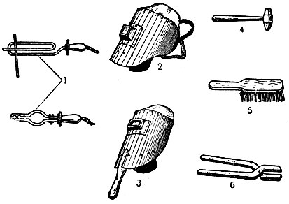 Рис. 5. Инструменты для электросварки: 1 - электрододержатель; 2 - шлем; 3 - щиток; 4 - молоток; 5 - металлическая щётка; 6 - кузнечные клещи
