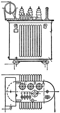 Рис. 3. Трёхфазный трансформатор мощностью от 20 до 100 киловольт-ампер на напряжение 10/0,4 киловольт