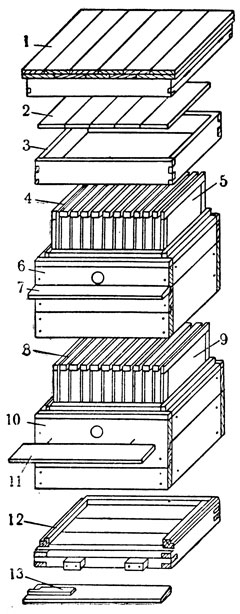 Рис. 1. Типовой двухкорпусный вертикальный улей: 2 - крыша; 2 - потолочные дощечки; 3 - подкрышник; 4 и 8 - рамки гнездовые; и 9 - диафрагма; 6 - верхний корпус; 7 и 11 - прилётная доска; 10 - нижний корпус; 12 - дно; 13 - летковый заградитель прилётной доски