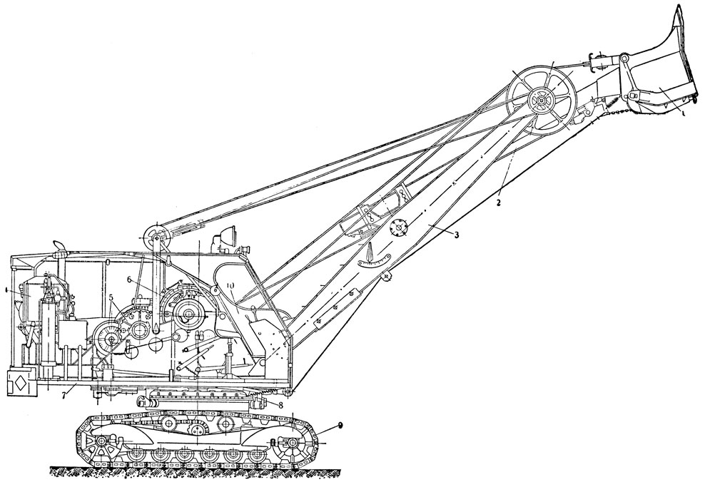 Рис. 2. Универсальный экскаватор Э-505, оборудованный прямой лопатой: 1 - ковш; 2 - рукоять, 3 - стрела; 4 - двигатель; 5 - передаточные механизмы; 6 - главная лебёдка; 7 - поворотная платформа; 8 - поворотный механизм; 9 - гусеничный ход; 10 - кабина машиниста-экскаваторщика