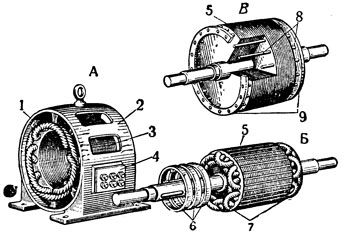 Рис. 1. Электрический двигатель: А - статор; Б - фазный ротор; В - короткозамкнутый ротор с медной стержневой клеткой; 1 - обмотка статора; 2 - станина; 3 - сердечник статора; 4 - коробка выводов; 5 - сердечник ротора; 6 - контактные кольца; 7 - обмотка ротора; 8 - стержни; 9 - замыкающие кольца