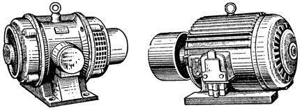 Рис. 3. Электрический двигатель: А - защищённого типа (тип АД на 7,2 квт, 220/380 в); Б - закрытого типа с обдуваемым ребристым кожухом